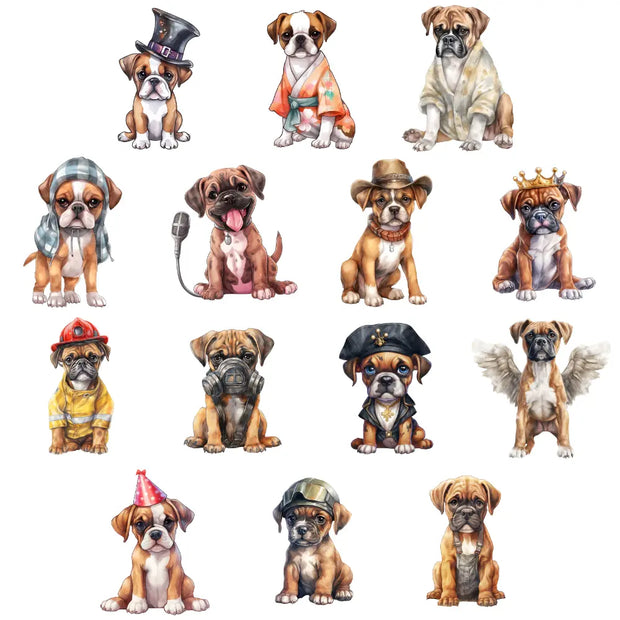 Boxer dog clipart set featuring playful cartoon boxer dogs in various poses