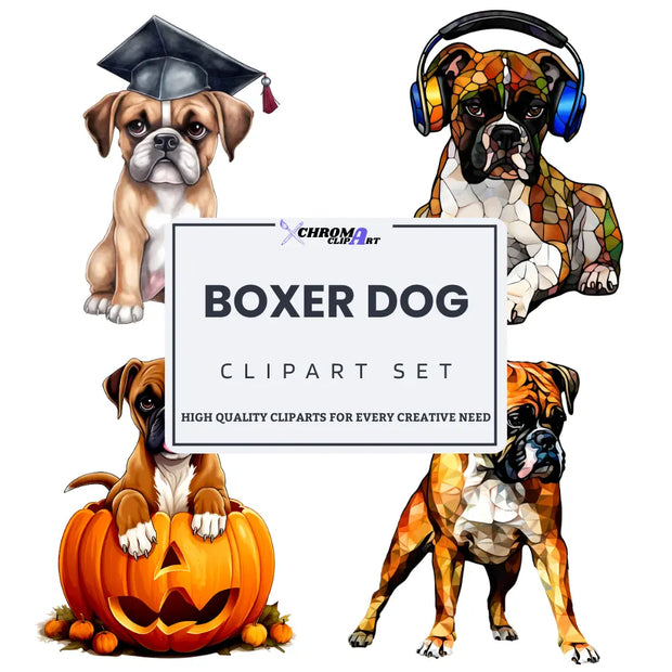 Boxer dog clipart set featuring playful cartoon boxer dogs in various poses